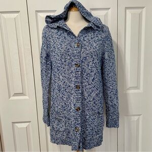 L.L. Bean Cable Knit Navy and White Hooded Sweater Cardigan